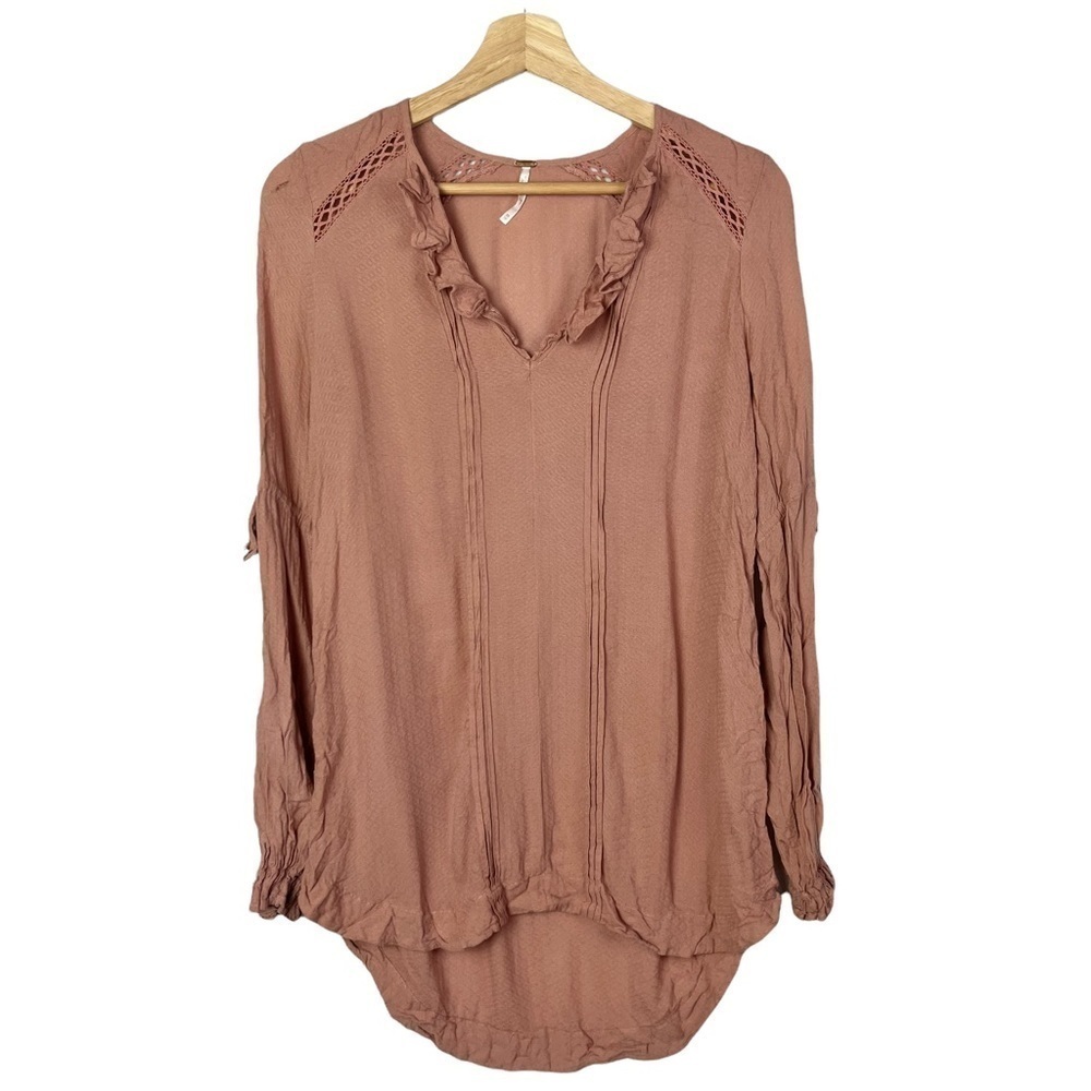 Free People Dusty Pink Ruffle Neck High Low Long Sleeve Peasant‎ Tunic XS